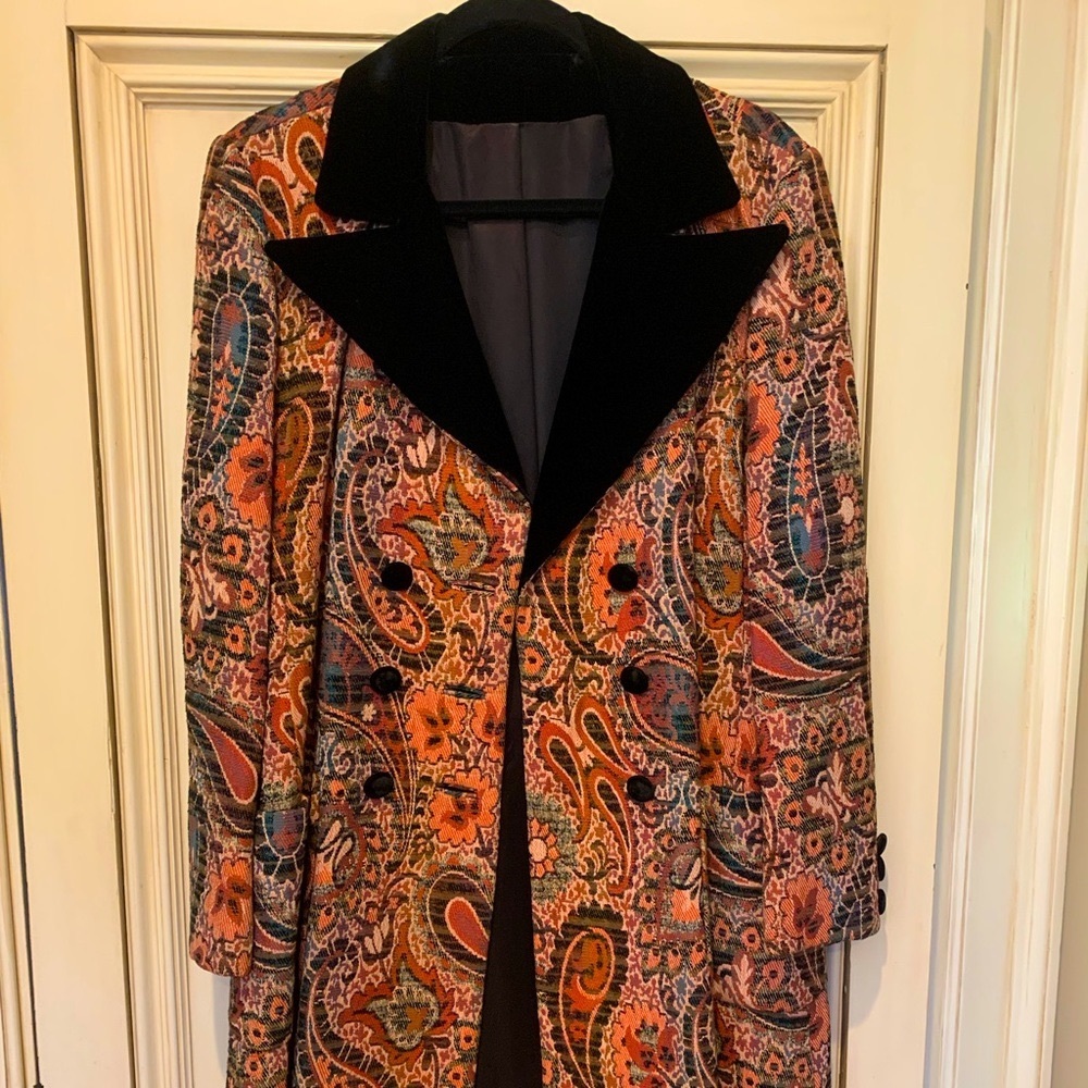 Paisley 1970’s Long Coat, satin in lining, velvet neck collar.